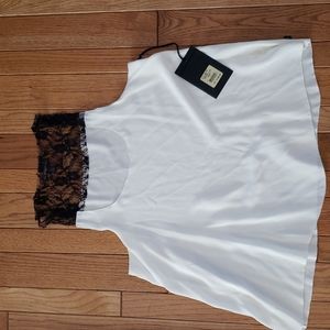True Religion Cream Silk shirt with delicate  Black Lace.  NWT.  Large.